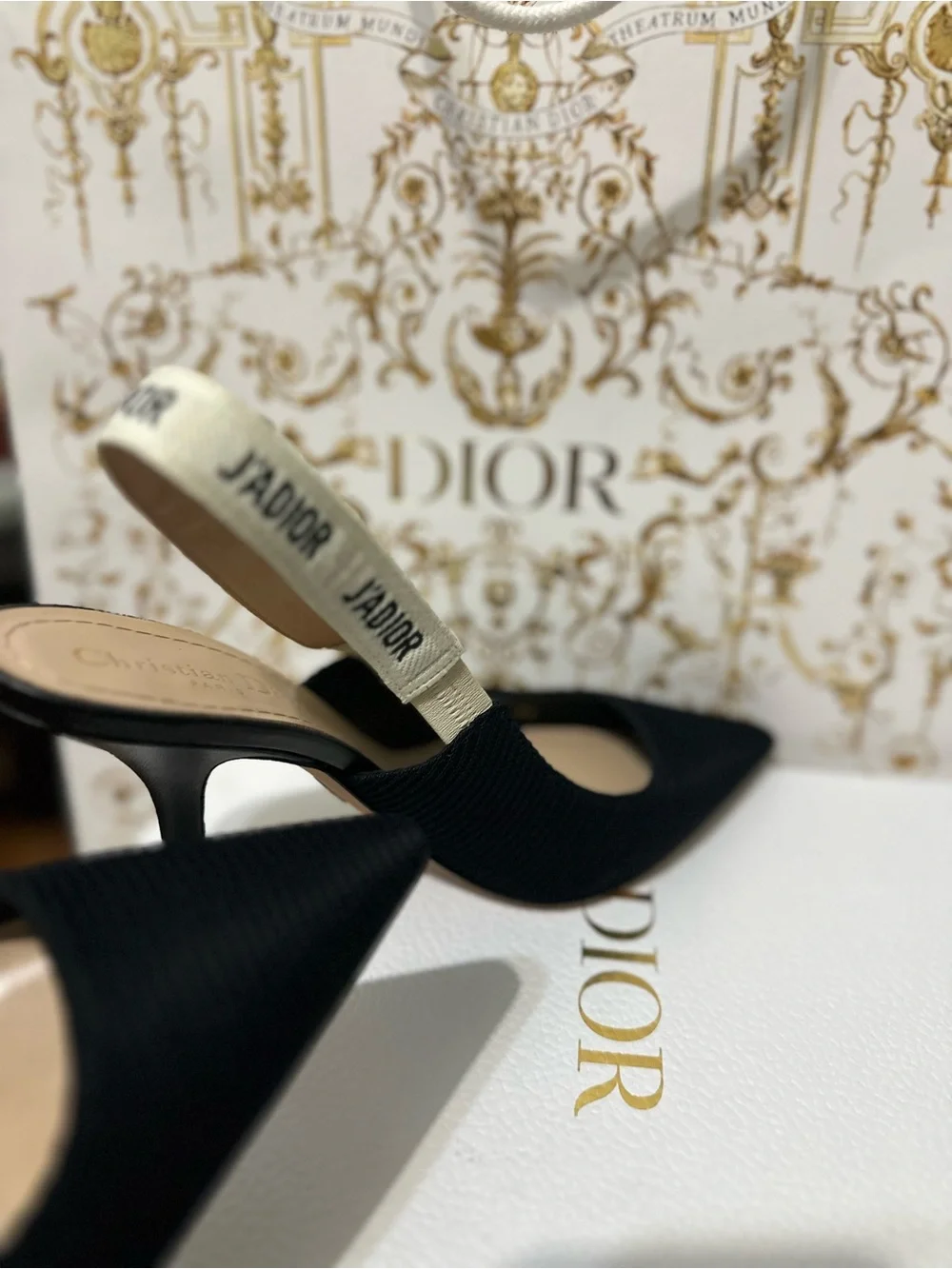 Dior Black Slingback Heels with J'Adior Ivory Ribbon